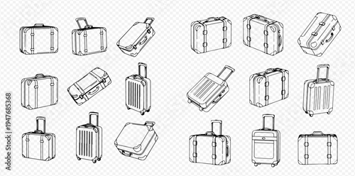 Set of travel suitcases and luggage bags in various angles, hand-drawn outline illustrations for journey and vacation.