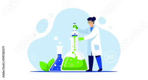 Female scientist working in lab with liquid flask and beaker for science research study and chemical development