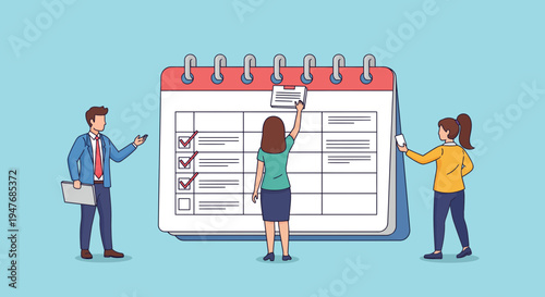 A small group of office people will plan and manage tasks on a big calendar