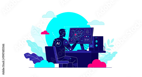 Artificial Intelligence Robot Working On Complex Digital Data Network Inside Modern Workspace Environment Using Screen