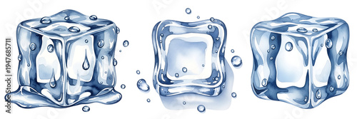 Three melting ice cubes on transparent background with water droplets