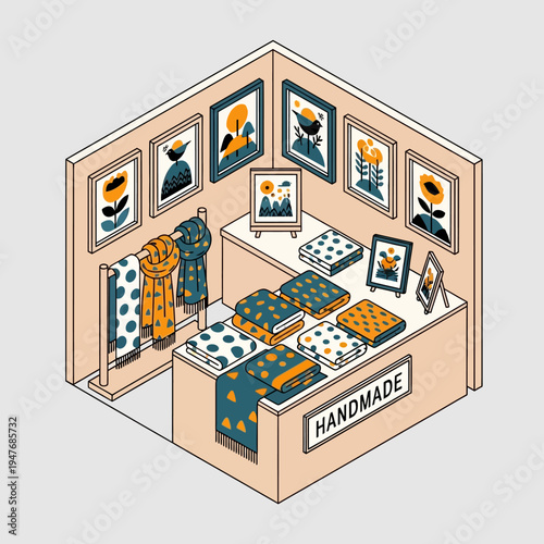 Isometric illustration of a handmade craft shop with artwork and textiles on display.