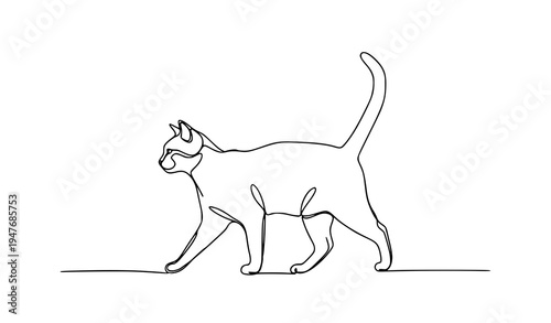 Minimal continuous line art walking cat pet animal vector illustration