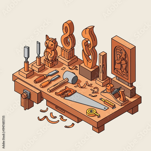 Isometric illustration of a woodworking workbench with tools, sculptures, and wood shavings.