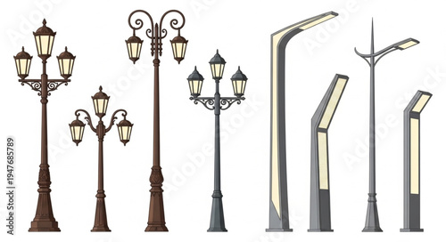 Collection of various street lights and lampposts.