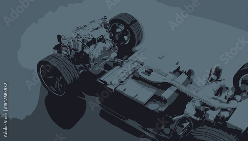 Electric vehicle chassis with exposed battery pack and suspension components