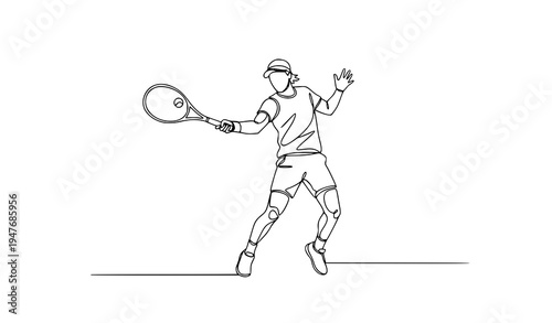 Minimal continuous line art tennis player forehand stroke sports vector illustration