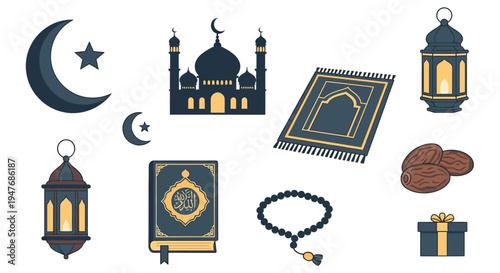 Islamic elements including a crescent moon mosque and traditional decorations