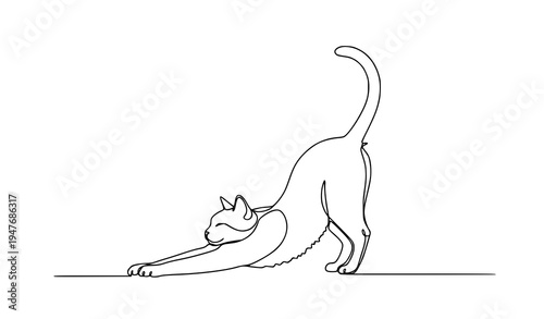 One continuous line drawing stretching cat minimalist feline vector illustration