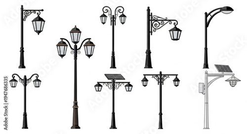 Collection of Ornate Street Lamps and Solar Powered Lights.