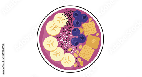 A colorful smoothie bowl topped with fruits seeds and granola