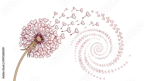 Delicate dandelion flower with heart-shaped seeds blowing in a spiral wind pattern representing love and beauty in nature.