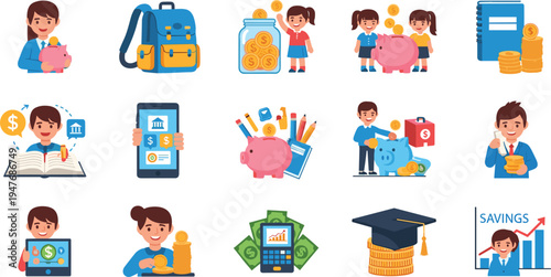 Children Financial Education and Savings Icon Set Featuring Kids Learning Money Management, Piggy Bank Saving, School Finance Lessons and Early Financial Literacy Concepts