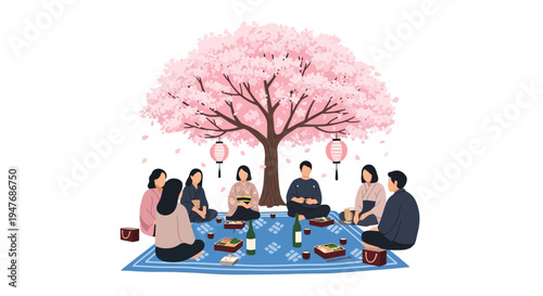People enjoying a picnic under a flowering cherry blossom tree