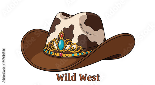 A cartoon cowboy hat adorned with a jeweled crown and text