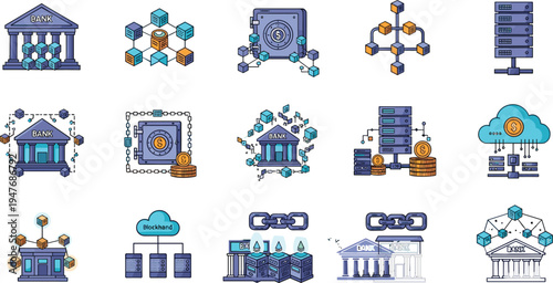 Blockchain Banking Infrastructure Icon Set Featuring Crypto Networks, Distributed Ledger Systems, Secure Digital Transactions, Fintech Databases and Decentralized Financial Technology Concepts