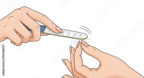 Hands filing fingernails with a gray nail file in a detailed illustration