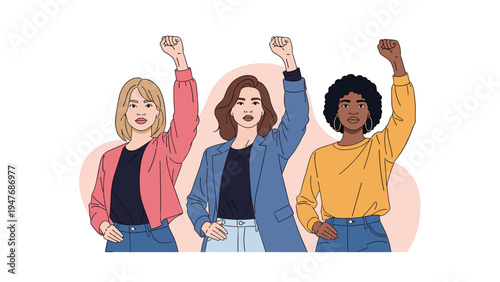 Diverse group of three empowered women standing together with raised fists to show solidarity and fight for social justice and equality.
