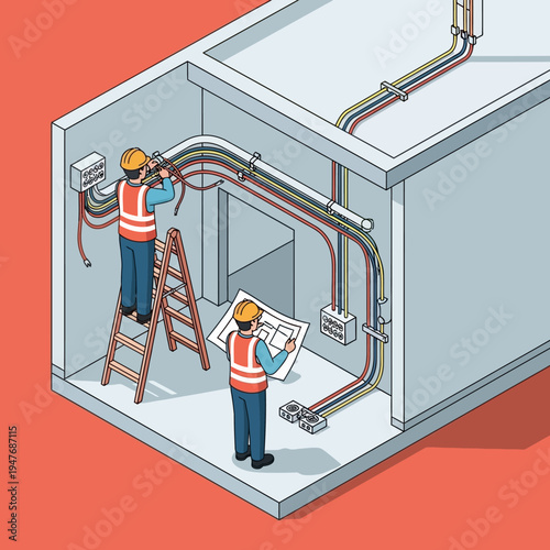 Two electricians installing electrical wiring in a building, following blueprints for the project.