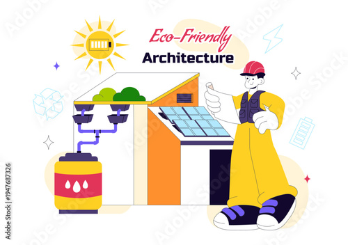 Eco Friendly Architecture Vector Illustration with Sustainable House Solar Panels Wind Energy Green Building Concept and Renewable Technology Design