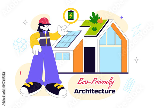 Eco Friendly Architecture Vector Illustration with Sustainable House Solar Panels Wind Energy Green Building Concept and Renewable Technology Design