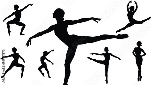 Set of 7 gymnastics dance vector silhouettes