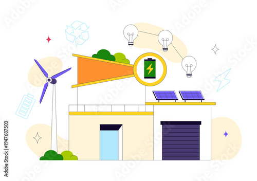 Eco Friendly Architecture Vector Illustration with Sustainable House Solar Panels Wind Energy Green Building Concept and Renewable Technology Design