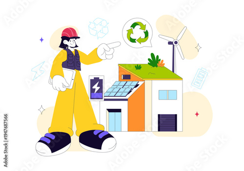 Eco Friendly Architecture Vector Illustration with Sustainable House Solar Panels Wind Energy Green Building Concept and Renewable Technology Design