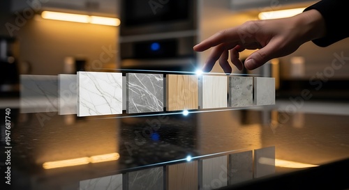 Close-up of a hand touching a selection of countertop material samples, showcasing different textures and colors for interior design.
