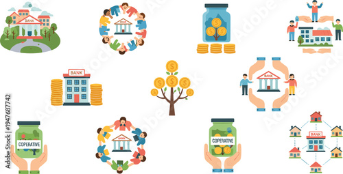 Community Banking and Cooperative Savings Icon Set Featuring Local Bank Support, Group Investment, Neighborhood Finance, Money Growth and Community Economic Development