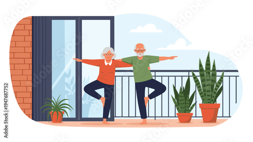 Active senior man and woman practicing a tree yoga pose together on their balcony with green plants on a sunny morning.