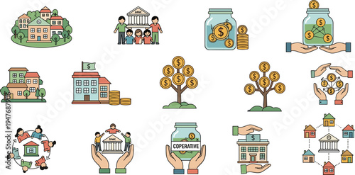 Community Banking and Cooperative Savings Icon Set Featuring Local Finance Support, Neighborhood Investment, Group Funding, Money Growth and Community Economic Development