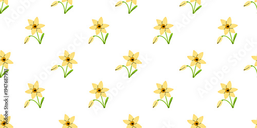 Vector seamless pattern with cute yellow daffodil flowers and buds on white background. Spring narcissus floral print for wrapping paper, wallpaper, textile, packaging, greeting card and home decor.