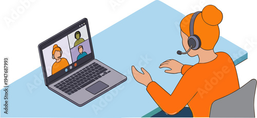 Woman in orange shirt sits at desk with laptop having video conference with colleagues