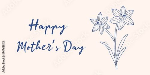 Vector elegant happy mothers day banner with two delicate daffodil line art flowers. Minimal navy blue narcissus floral greeting card for spring holiday, poster, social media, invitation design.