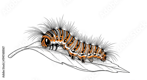 Vibrant detailed illustration of a striped caterpillar with fuzzy bristles, crawling on a green leaf, showcasing insect life and the marvel of natural metamorphosis
