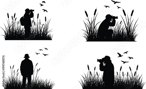 Birdwatcher and nature photographer silhouette set in marsh grass with birds, wildlife observation and hobby concepts isolated on white background.