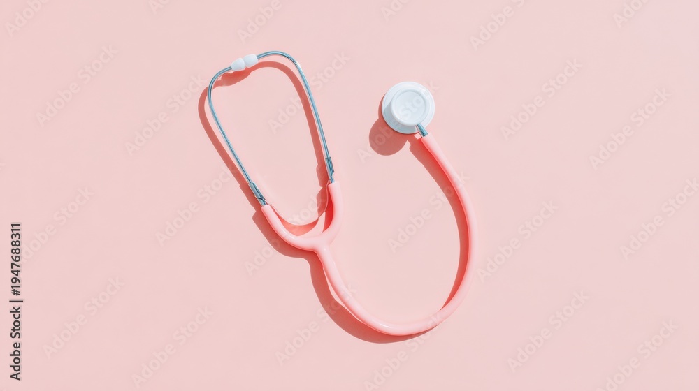 Fototapeta premium Pink stethoscope on pastel background lying flat for medical healthcare branding and professional clinic advertising with ample copy space for text and website headers