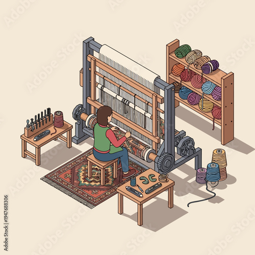 A person weaving on a large loom, surrounded by tools and yarn, creating a rug.
