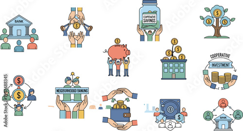 Community Investment and Cooperative Finance Icon Set Featuring Group Savings, Shared Funding, Local Banking Support, Money Growth and Social Financial Collaboration Concepts
