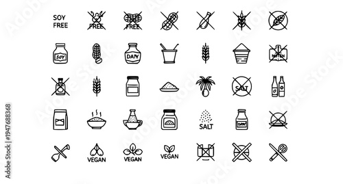 A set of black and white vegan and food allergy icons on a white background
