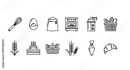 A set of black and white line art illustrations depicting various baking icons and symbols on a transparent background