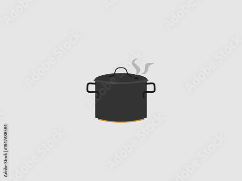 A simple illustration of a large black cooking pot with a closed lid and steam escaping from a vent hole on top