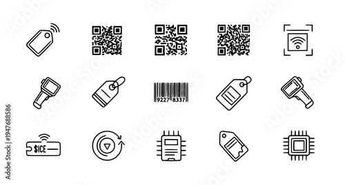 A set of black and white vector icons depicting various technology and identification symbols