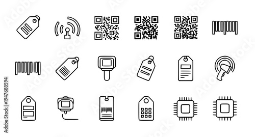 A set of black and white vector icons depicting various types of tags, labels, barcodes, and microchips.