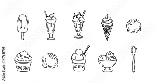 A set of black and white line art illustrations of various ice cream treats and desserts