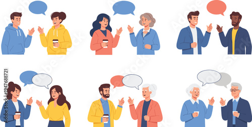 People conversation scenes collection with men and women talking communication dialogue characters vector illustration set