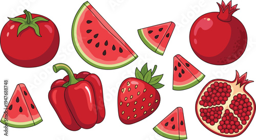 Red fruits and vegetables collection with tomato watermelon strawberry pepper and pomegranate vector illustration set