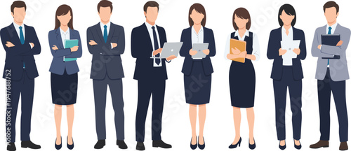 Business people team standing in formal suits holding documents corporate professionals vector illustration collection