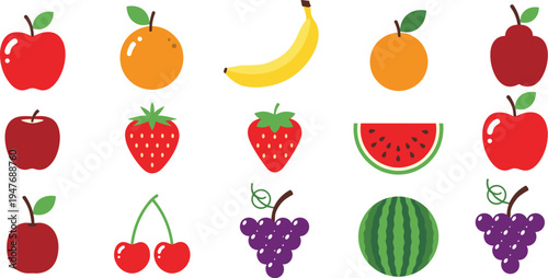 Colorful fruit icons collection with apple orange banana strawberry grapes cherry and watermelon vector set
